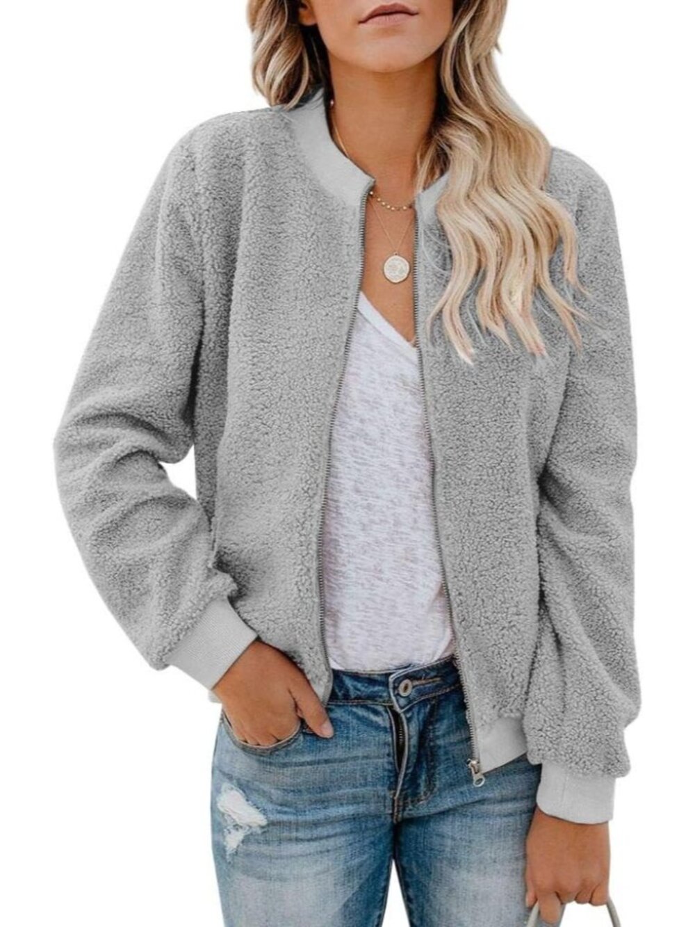 〽️Women's Light Grey Winter Bomber Long Sleeve Faux Sherpa Fuzzy Casual Zip Coat